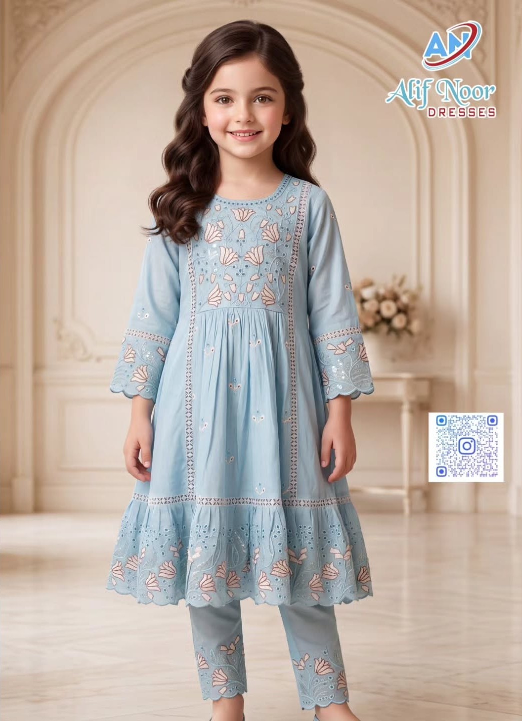 Girl wearing a powder blue embroidered anarkali set from Alif Noor Dresses