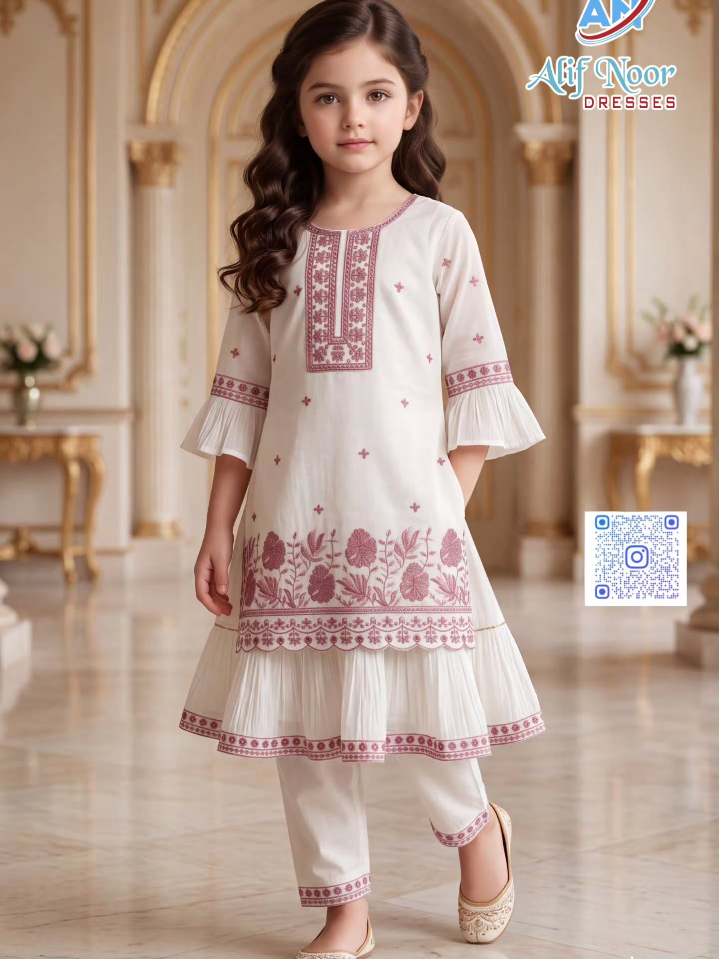 Girl wearing an ivory rose-embroidered kurta set from Alif Noor Dresses