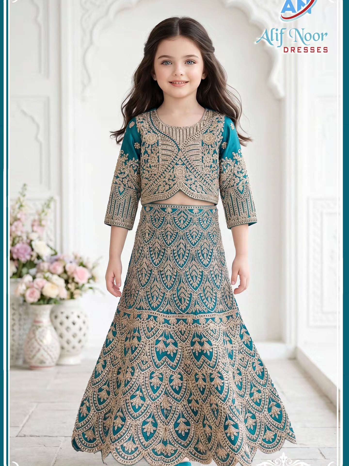 Girl wearing a teal and gold hand-embroidered lehenga choli from Alif Noor Dresses